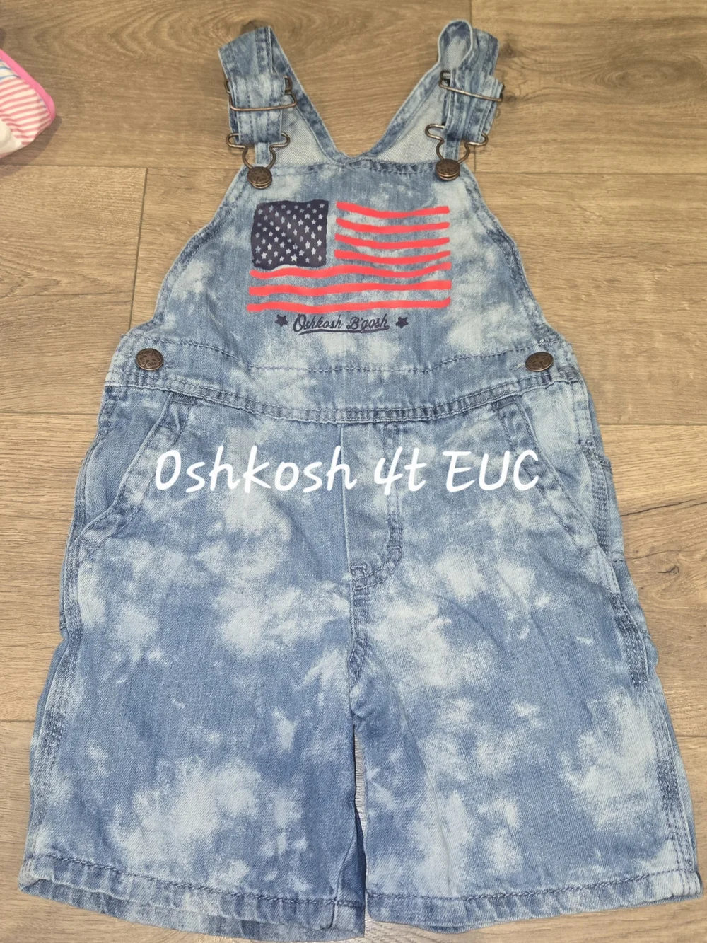 OshKosh B'gosh Light Wash Denim Shortall Overalls with Flag Applique 4t